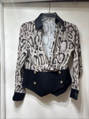 Ina Black and White Snake-Print Wrap Top with Faux Leather Trim